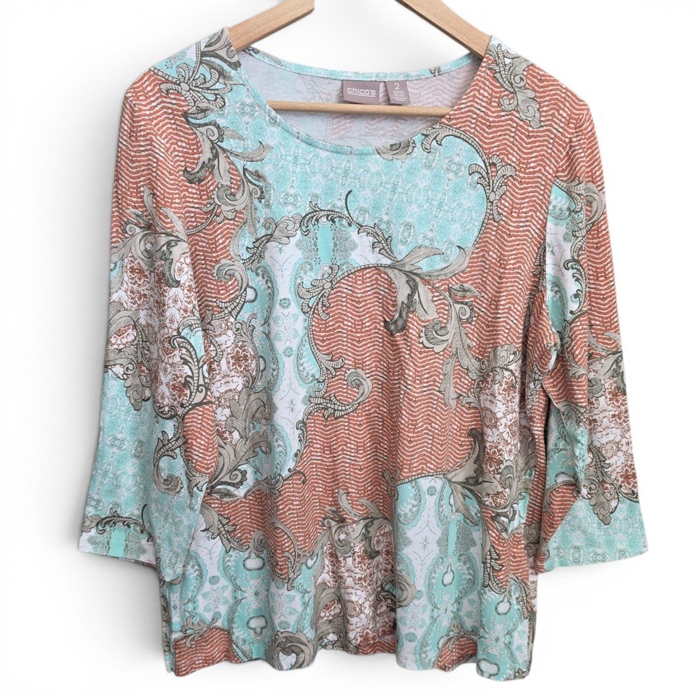 Chicos Top Womens 2‎ US Large Teal Orange Scoop Neck 3/4 Sleeve Tee Printed